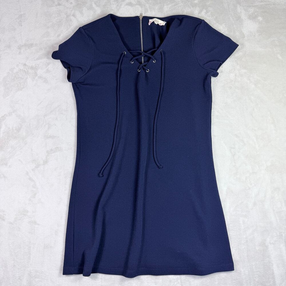 Hippie Rose Womens Shift Dress Blue Knee Length Cotton Casual V-Neck Size L